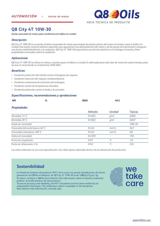Aceite Sintetico 4T 10W30 1L Q8 City