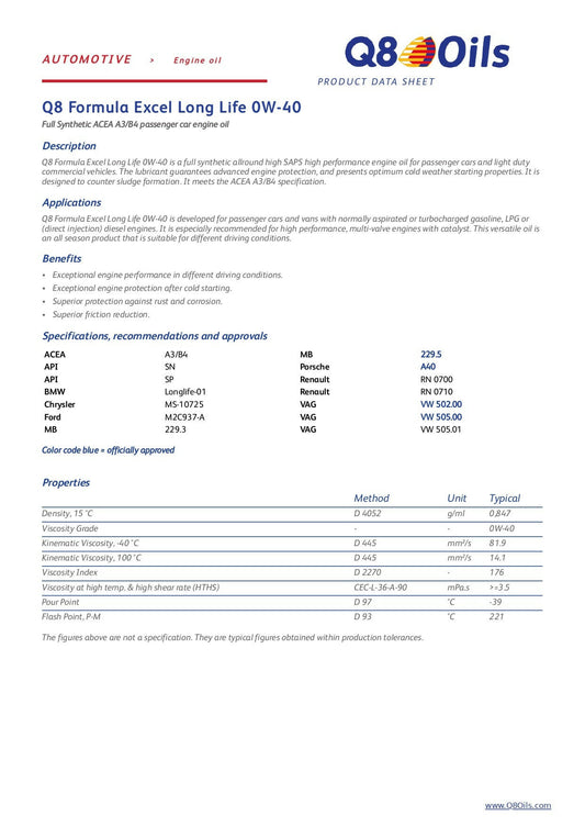 Aceite Sintetico 0W40 Q8 Formula Excel Long Life