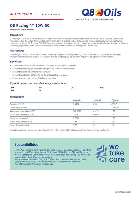 Aceite Sintético 4T 10W-50 Q8 Racing